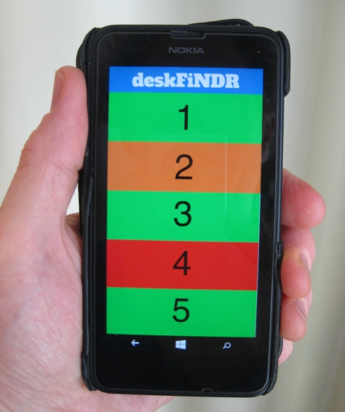 Smart phone displaying the DeskFindr app: numbers 1 to 5 and traffic light shading for desk availability