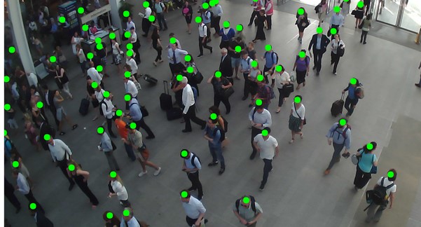 view from camera sensor showing detection of passengers with green dot on each