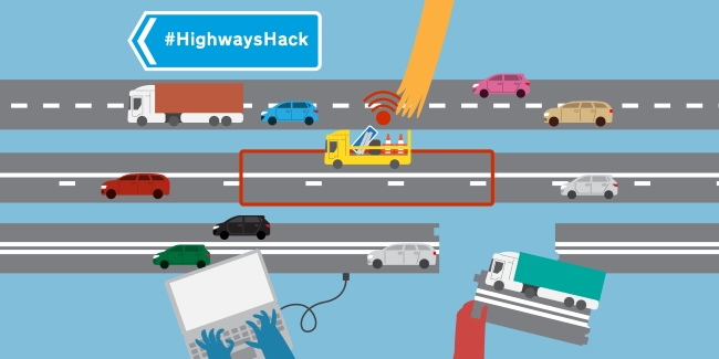 highways hack logo with cartoon lanes of traffic