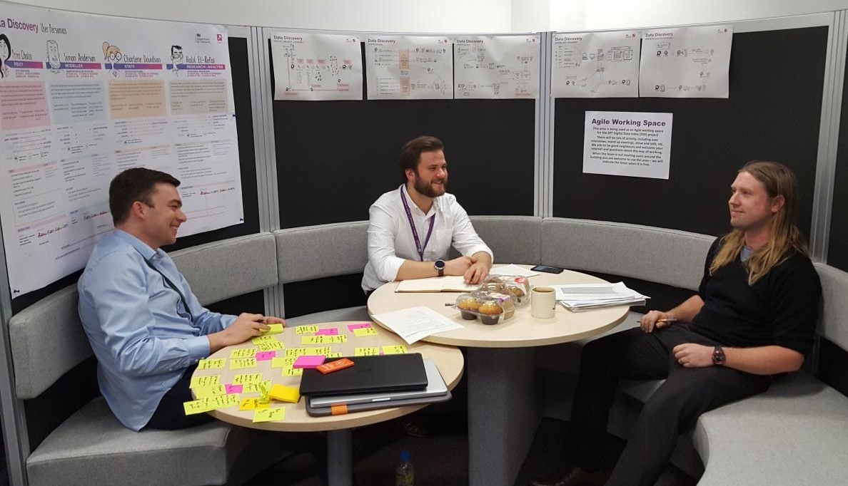 two user researchers interviewing a colleague at a round table