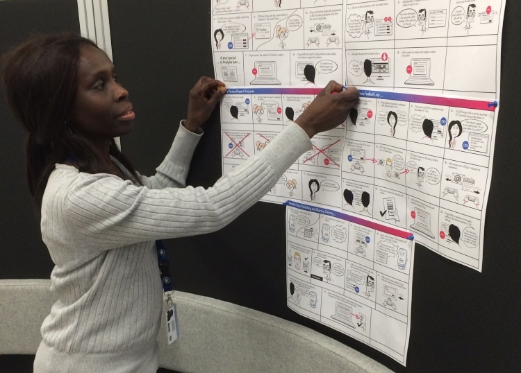 woman putting user journey posters on a pinboard