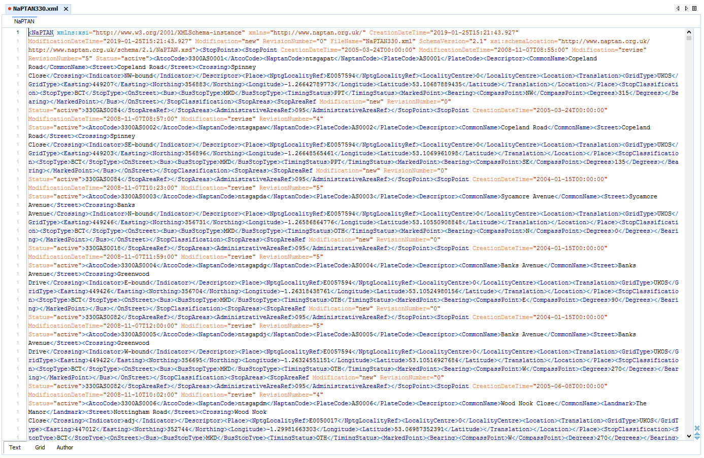 closeup view of a NaPTAN XML file
