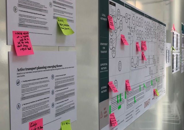 An internal wall adorned with printouts, a flowchart and Post-It notes. The printout in the foreground says "Active transport planning: emerging themes".